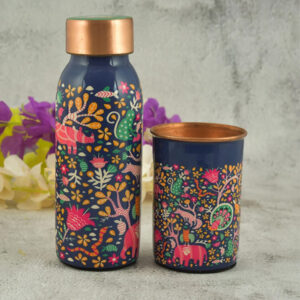 Designer Printed Copper Bottle & Glass – Blue Jungle Theme